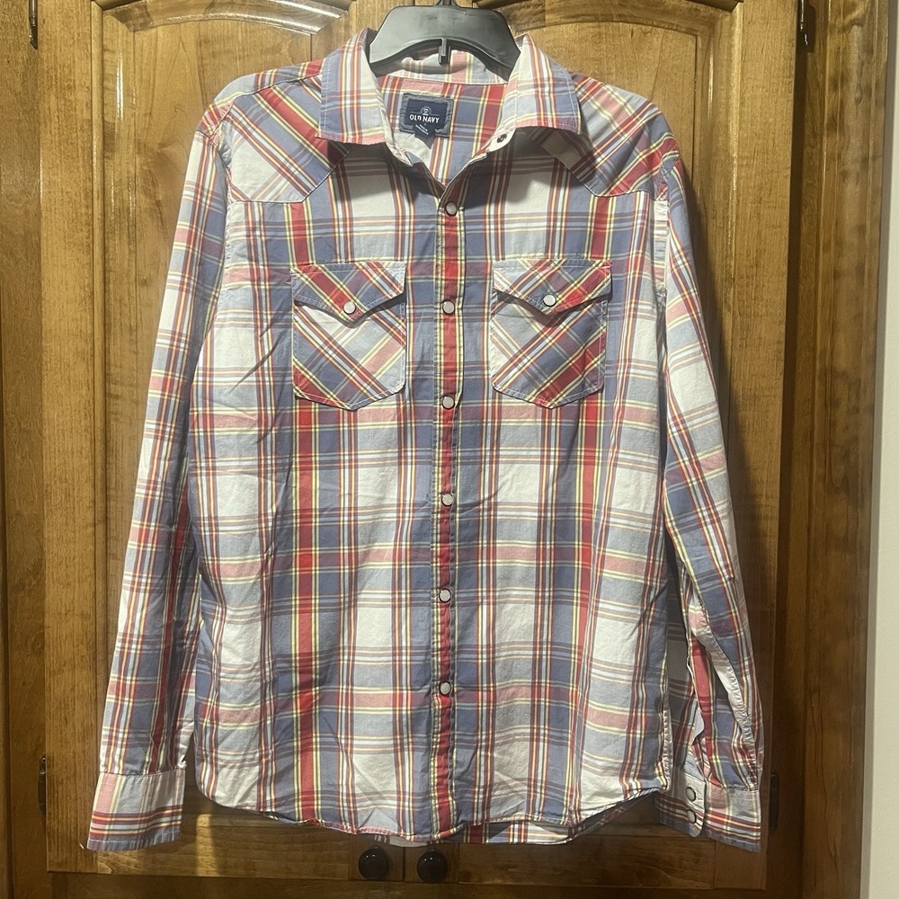 Pearl Snap Western Cowboy Old Navy Mens Shirt Large‎ Blue Plaid - Picture 2 of 5